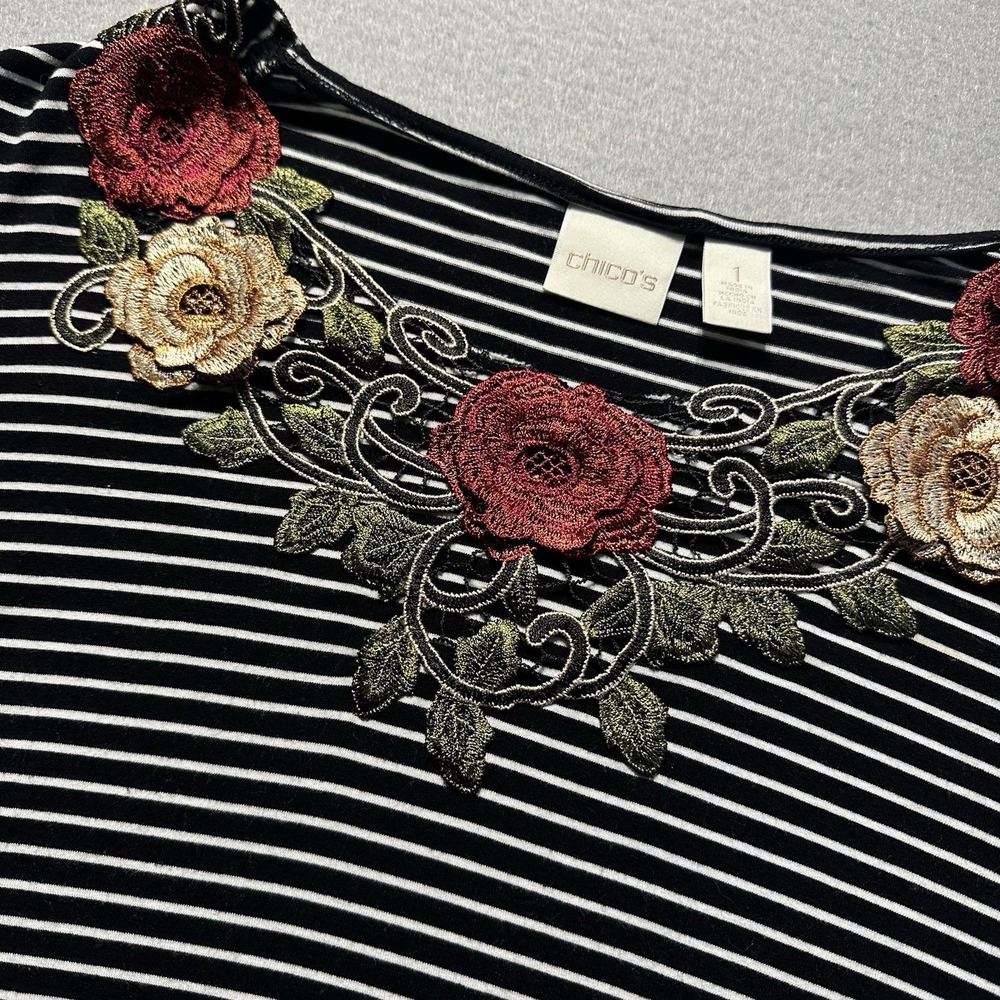 Chico's Top Shirt SIZE 1 Women Black Striped Floral Embroidery - Picture 2 of 5